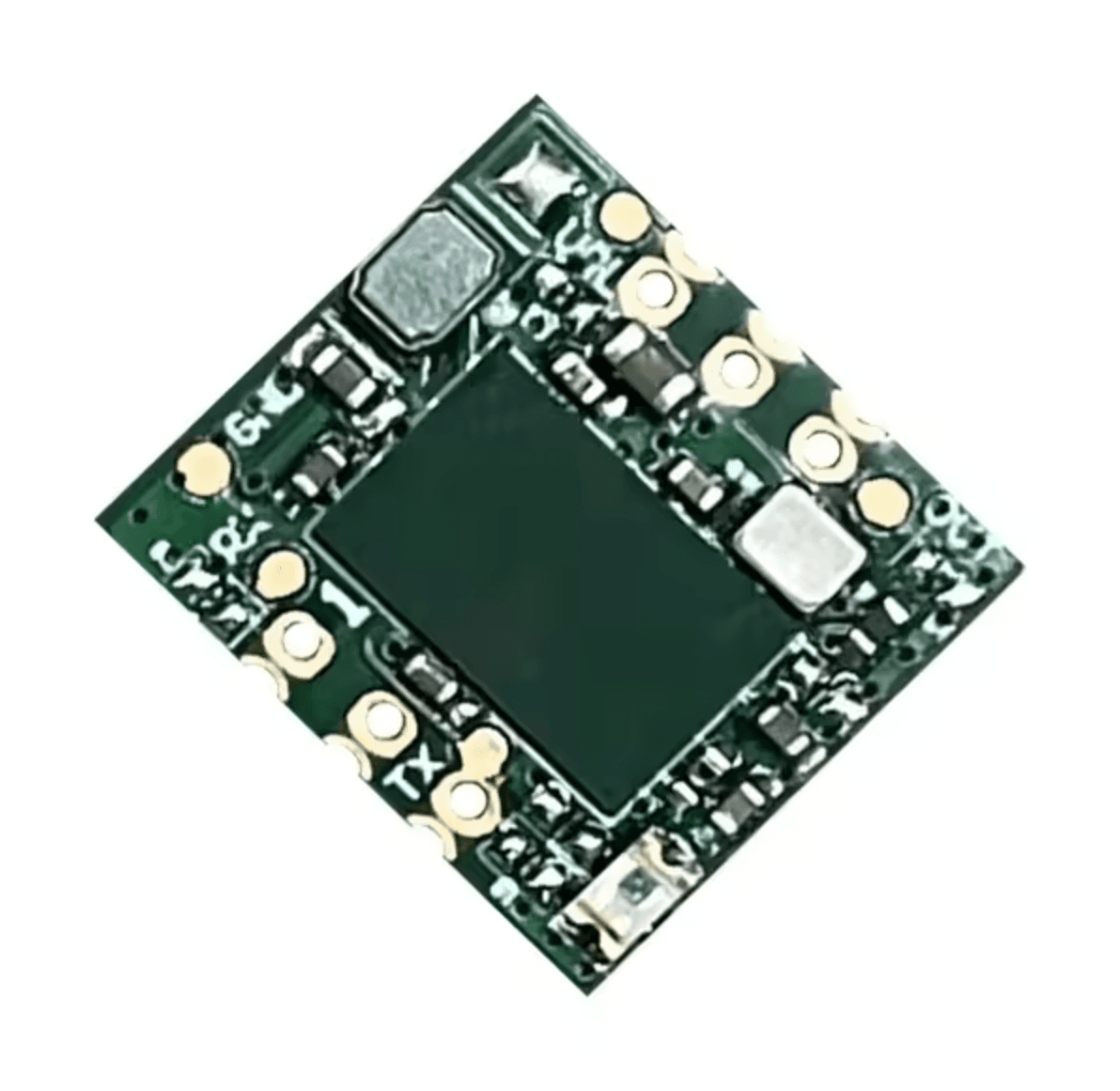 녹색 기판에 칩과 회로 부품이 탑재된 60GHz 레이더 모듈
